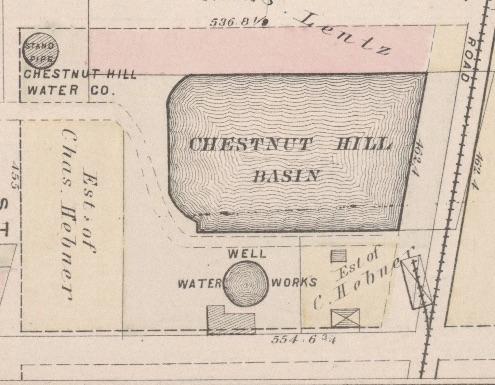 The water basin and tower as depicted on a map from 1876. (Hopkins, City Atlas of Philadelphia: Volume 1, Plate C, Map Collection.)